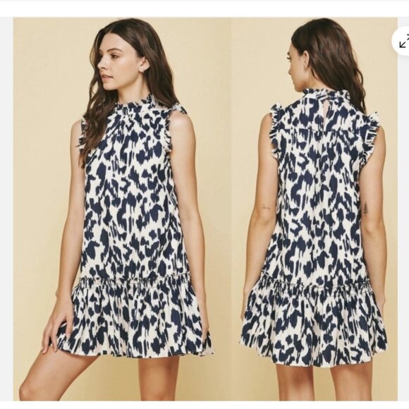 Pinch Navy leopard Print Sleeveless High Neck Ruffled Tier Hem Dress Sz M - Picture 1 of 11
